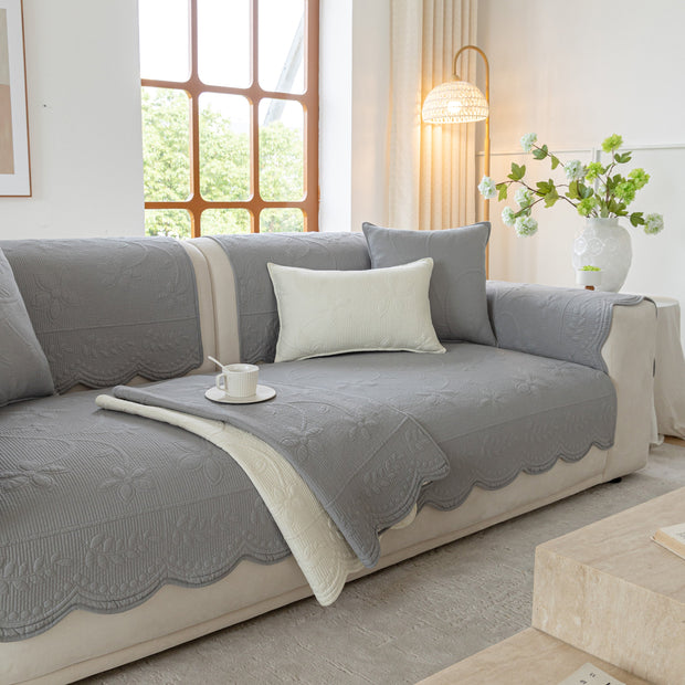 Slipcover KAS™ Floral Cotton Quilted Sofa Cover, Non-Slip Couch Protector with Scalloped Edges