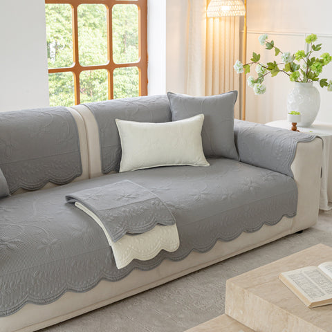 Slipcover KAS™ Floral Cotton Quilted Sofa Cover, Non-Slip Couch Protector with Scalloped Edges