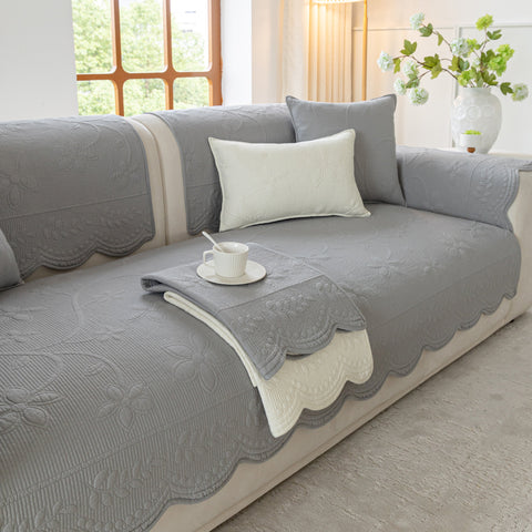 Slipcover KAS™ Floral Cotton Quilted Sofa Cover, Non-Slip Couch Protector with Scalloped Edges