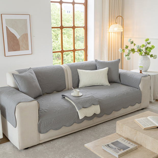 Slipcover KAS™ Floral Cotton Quilted Sofa Cover, Non-Slip Couch Protector with Scalloped Edges