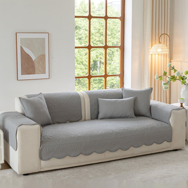 Slipcover KAS™ Floral Cotton Quilted Sofa Cover, Non-Slip Couch Protector with Scalloped Edges