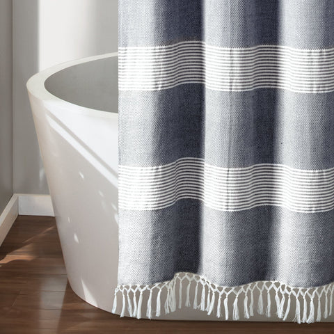 Lush Décor Tucker Stripe Yarn Dyed Cotton Knotted Tassel Shower Curtain