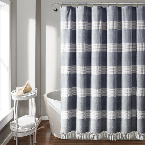 Lush Décor Tucker Stripe Yarn Dyed Cotton Knotted Tassel Shower Curtain