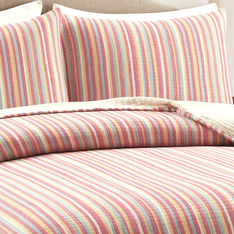 Lush Décor Tracy Stripe Pick Stitch Kantha Yarn Dyed Cotton Woven Quilt/Coverlet Set