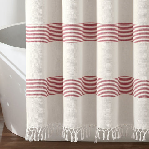 Lush Décor Tucker Stripe Yarn Dyed Cotton Knotted Tassel Shower Curtain