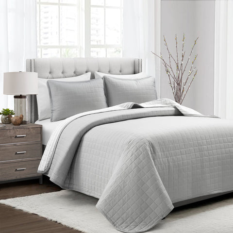 LushDecor Farmhouse Box Stitch And Stripe Cotton Quilt 3 Piece Set