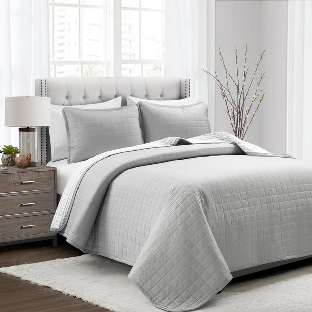 LushDecor Farmhouse Box Stitch And Stripe Cotton Quilt 3 Piece Set