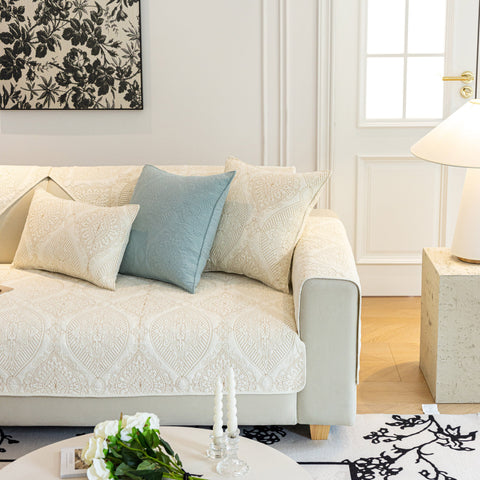 Slipcover KAS™ Baroque Sofa Cover – Quilted Cotton, Non-Slip, Washable with Ornate Embroidery