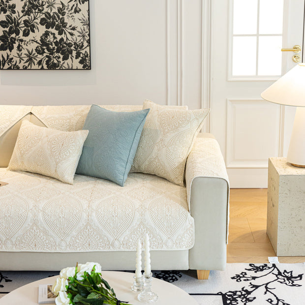Slipcover KAS™ Baroque Sofa Cover – Quilted Cotton, Non-Slip, Washable with Ornate Embroidery