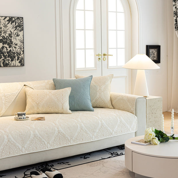 Slipcover KAS™ Baroque Sofa Cover – Quilted Cotton, Non-Slip, Washable with Ornate Embroidery