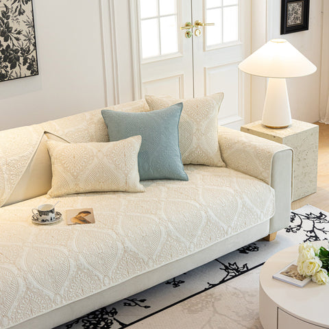 Slipcover KAS™ Baroque Sofa Cover – Quilted Cotton, Non-Slip, Washable with Ornate Embroidery
