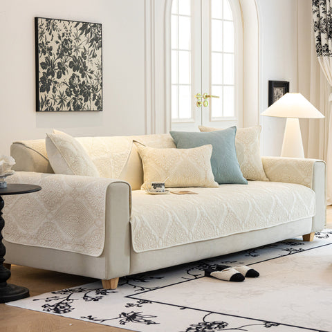 Slipcover KAS™ Baroque Sofa Cover – Quilted Cotton, Non-Slip, Washable with Ornate Embroidery