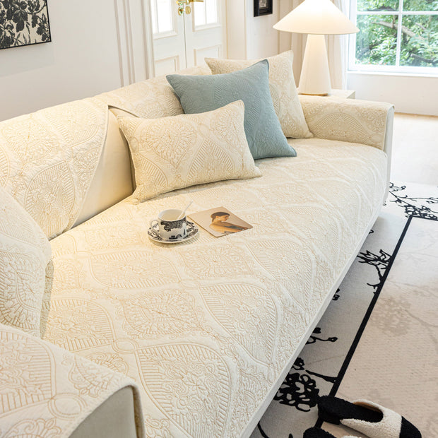 Slipcover KAS™ Baroque Sofa Cover – Quilted Cotton, Non-Slip, Washable with Ornate Embroidery