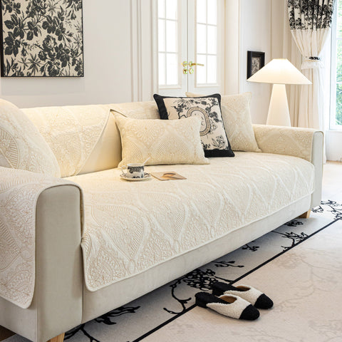 Slipcover KAS™ Baroque Sofa Cover – Quilted Cotton, Non-Slip, Washable with Ornate Embroidery