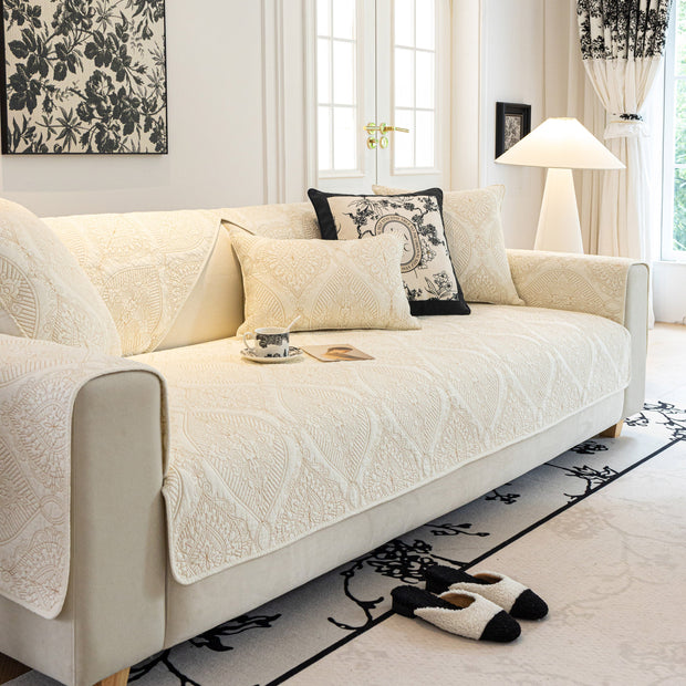 Slipcover KAS™ Baroque Sofa Cover – Quilted Cotton, Non-Slip, Washable with Ornate Embroidery