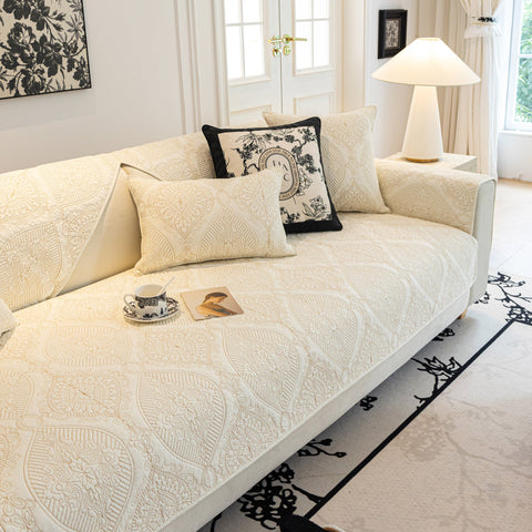 Slipcover KAS™ Baroque Sofa Cover – Quilted Cotton, Non-Slip, Washable with Ornate Embroidery