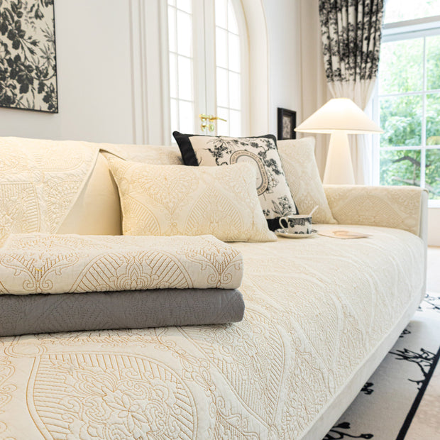 Slipcover KAS™ Baroque Sofa Cover – Quilted Cotton, Non-Slip, Washable with Ornate Embroidery
