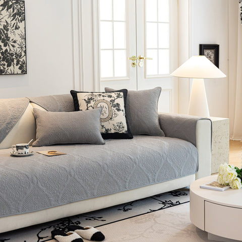 Slipcover KAS™ Baroque Sofa Cover – Quilted Cotton, Non-Slip, Washable with Ornate Embroidery