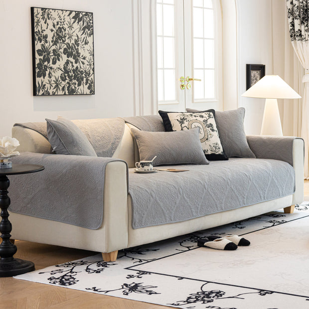 Slipcover KAS™ Baroque Sofa Cover – Quilted Cotton, Non-Slip, Washable with Ornate Embroidery