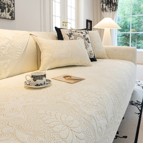 Slipcover KAS™ Baroque Floral Quilted Cotton Sofa Cover, Non-Slip Washable Couch Protector
