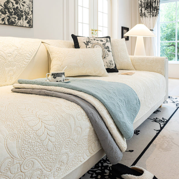 Slipcover KAS™ Baroque Floral Quilted Cotton Sofa Cover, Non-Slip Washable Couch Protector