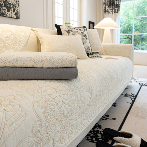 Slipcover KAS™ Baroque Floral Quilted Cotton Sofa Cover, Non-Slip Washable Couch Protector