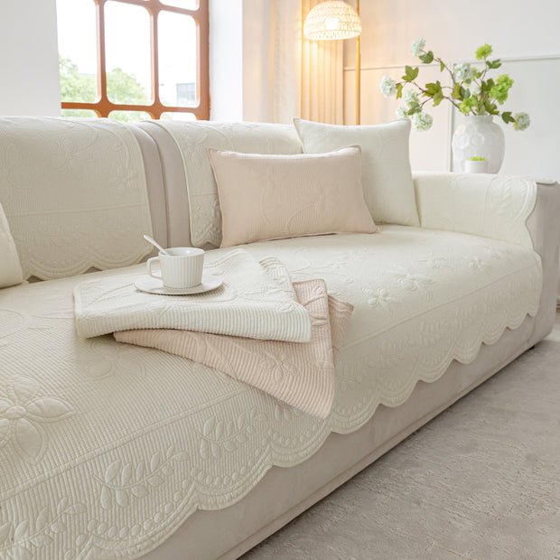 Slipcover KAS™ Floral Cotton Quilted Sofa Cover, Non-Slip Couch Protector with Scalloped Edges