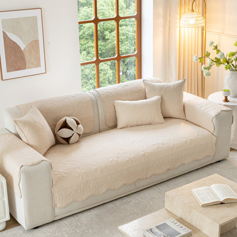 Slipcover KAS™ Floral Cotton Quilted Sofa Cover, Non-Slip Couch Protector with Scalloped Edges