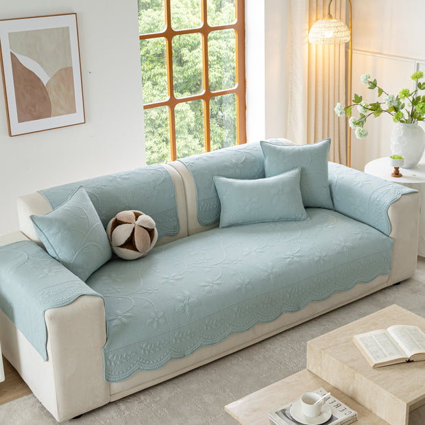 Slipcover KAS™ Floral Cotton Quilted Sofa Cover, Non-Slip Couch Protector with Scalloped Edges