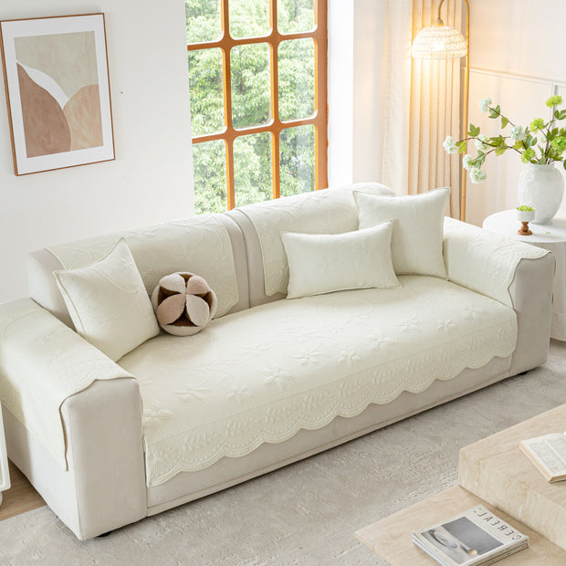 Slipcover KAS™ Floral Cotton Quilted Sofa Cover, Non-Slip Couch Protector with Scalloped Edges
