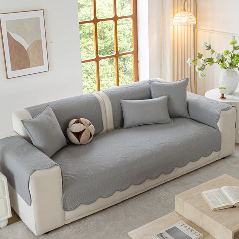 Slipcover KAS™ Floral Cotton Quilted Sofa Cover, Non-Slip Couch Protector with Scalloped Edges