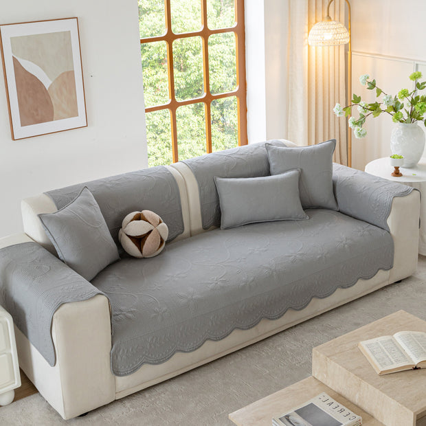 Slipcover KAS™ Floral Cotton Quilted Sofa Cover, Non-Slip Couch Protector with Scalloped Edges